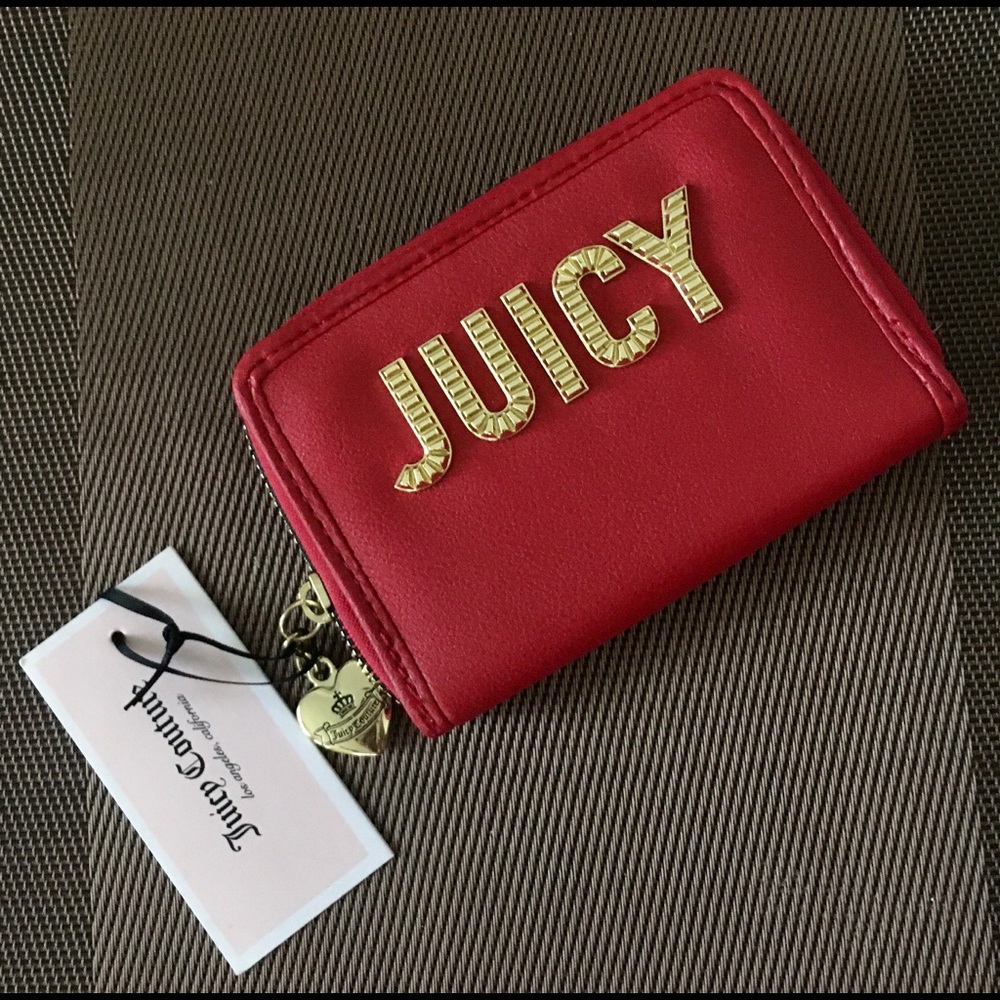 Juicy Couture Blank Check Wallet Cherry Red NWT Gold Logo Zip Around